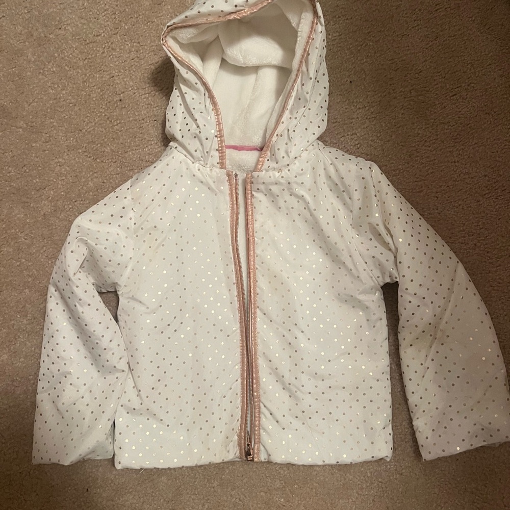 Penelope Mack White and Gold Polka Dot Raincoat
